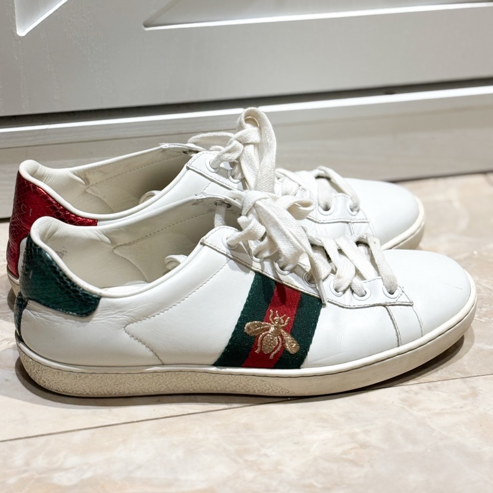 Authentic Gucci Ace Watersnake-Trimmed Leather Sneakers – Size 36|